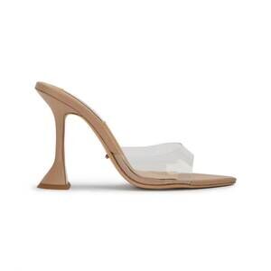 NEW TONY BIANCO women's marcel vinylite slip on open toe mules heels in nude/cle